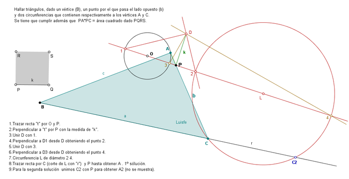 Triángulo dado vértice punto lado opuesto y 2 circunf soporte vérts y cumpli PAxPC = área cuadrado dado.png