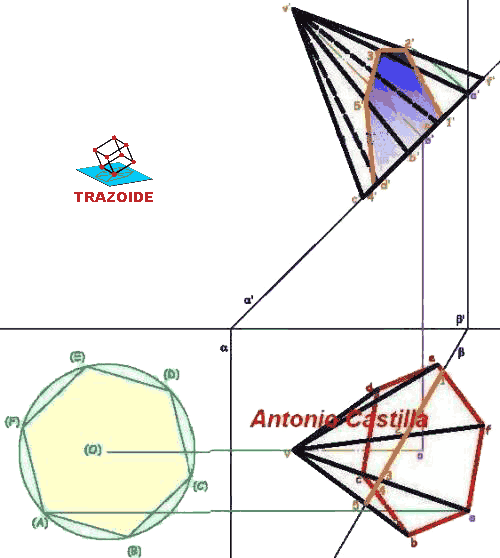 piramide hexagonal seccionada por un plano proyectante - hexagonal pyramid projecting sectioned along a plane