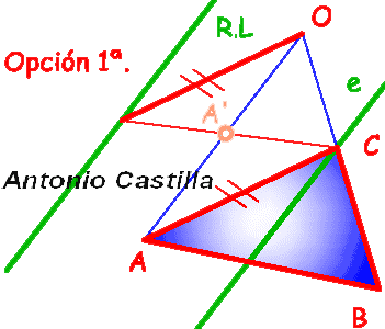homologia de un triángulo que atraviesa al eje de homologia