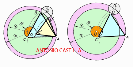 triángulo apoyado en tres circunferencias concentricas