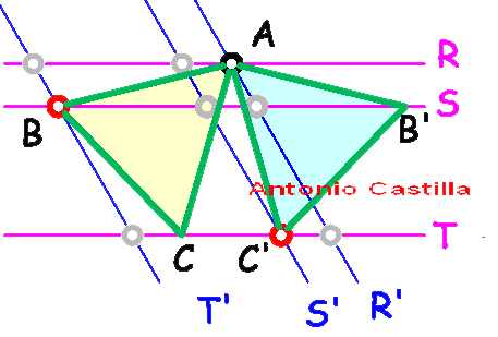 triángulo equilatero apoyado en tres rectas paralelas