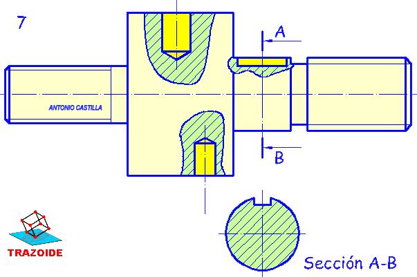 eje escalonado con chaveteros y agujeros ciegos