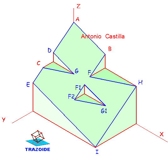 seccion por un plano definido por tres puntos en una perspectiva isometrica