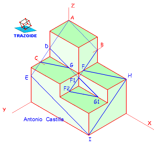 seccion por un plano definido por tres puntos en una isometrica