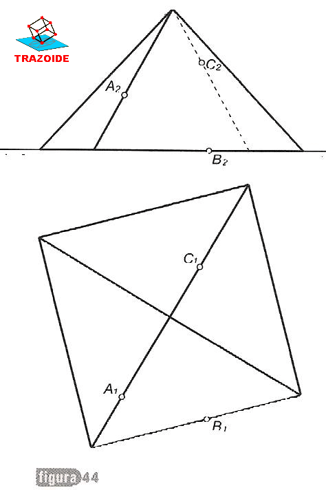 corte a una piramide cuadrangular por un plano por tres puntos