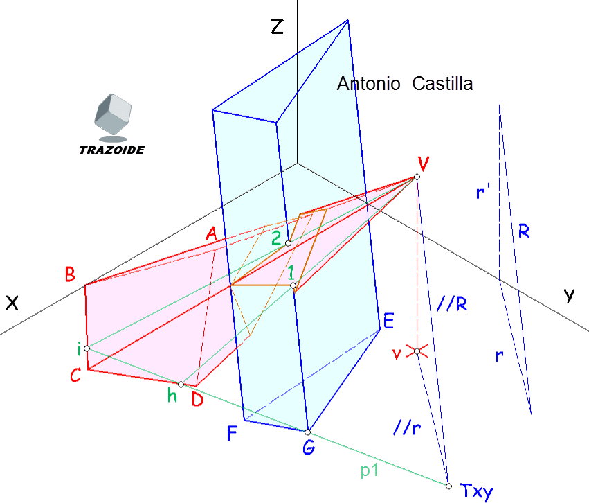 Intersección de una pirámide y un prisma en isométrico